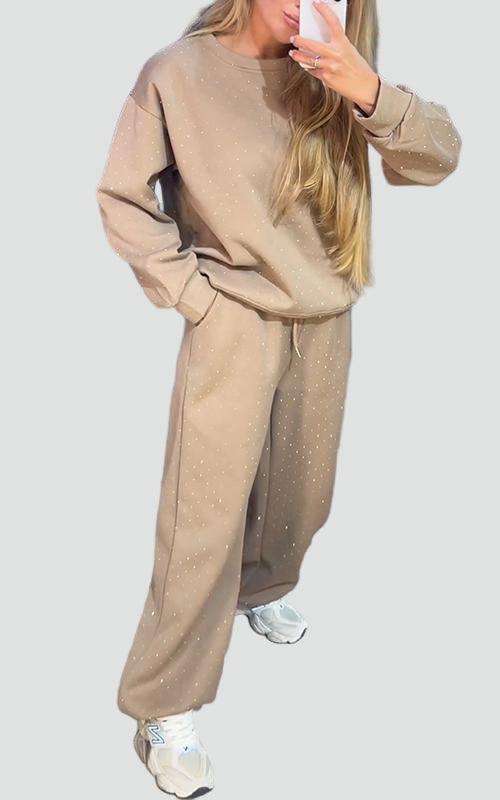 Brokatowy dresowy komplet damski oversize z szerokimi nogawkami