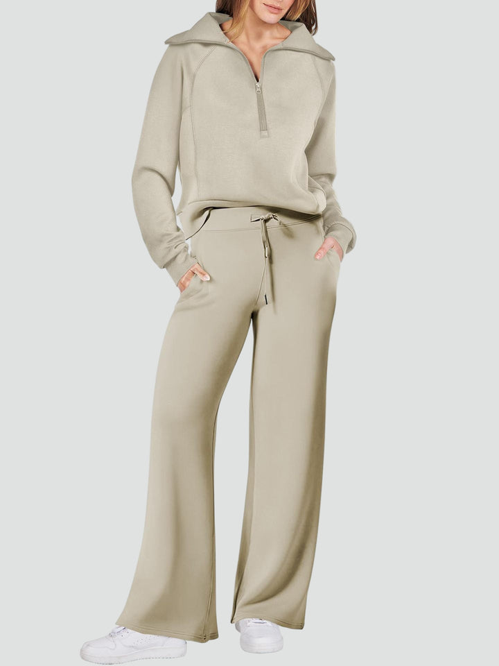 Damski komplet dresowy loungewear z bluzą half-zip i szerokimi spodniami