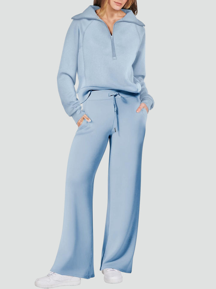 Damski komplet dresowy loungewear z bluzą half-zip i szerokimi spodniami