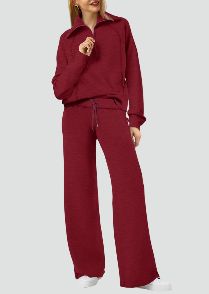 Damski komplet dresowy loungewear z bluzą half-zip i szerokimi spodniami