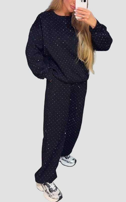 Brokatowy dresowy komplet damski oversize z szerokimi nogawkami