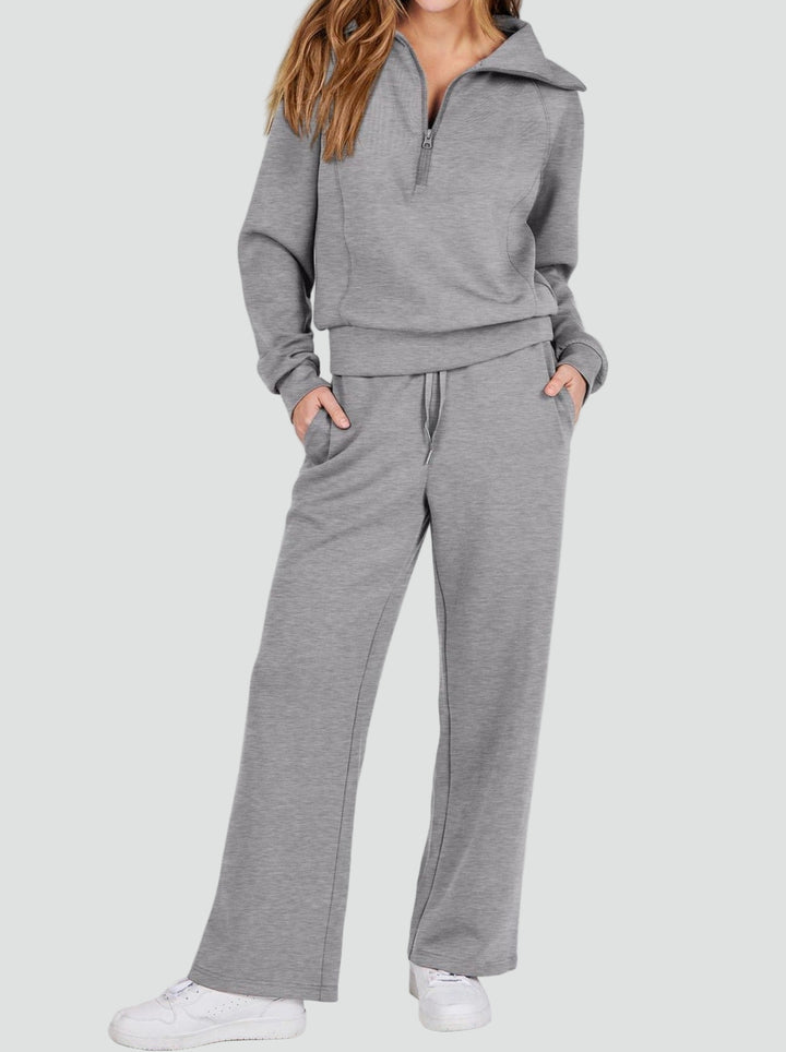 Damski komplet dresowy loungewear z bluzą half-zip i szerokimi spodniami