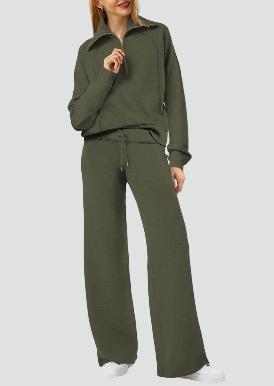 Damski komplet dresowy loungewear z bluzą half-zip i szerokimi spodniami