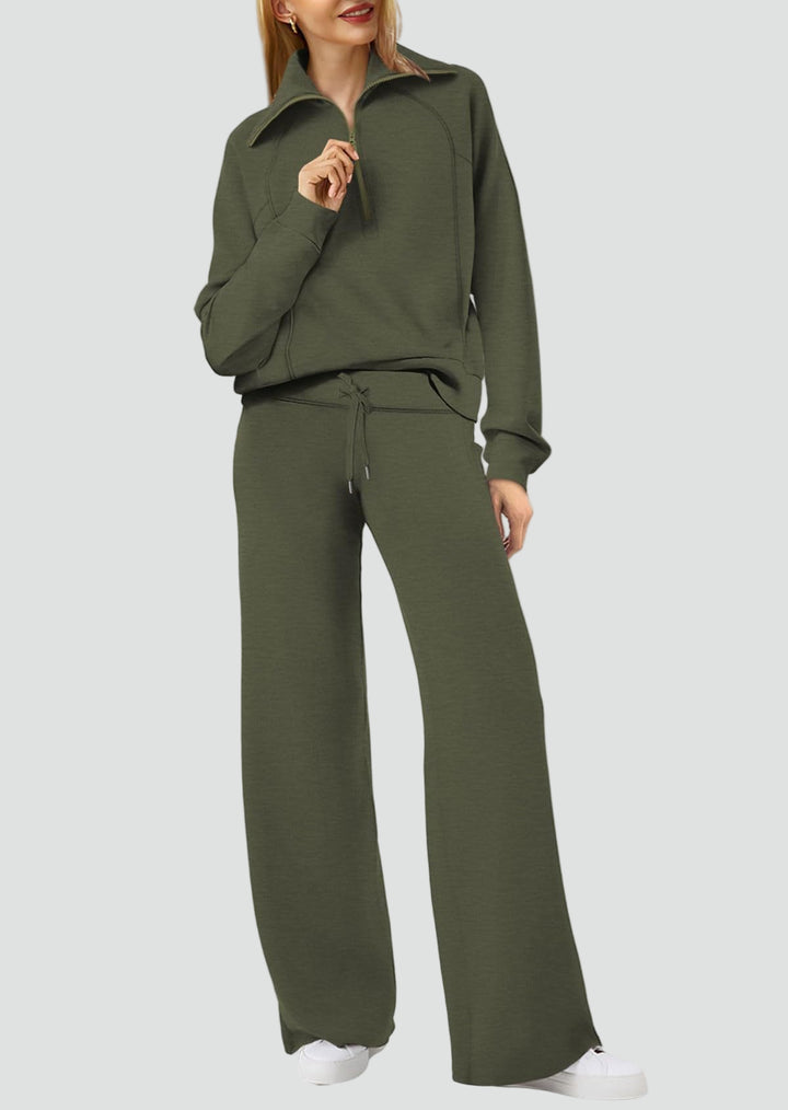 Damski komplet dresowy loungewear z bluzą half-zip i szerokimi spodniami