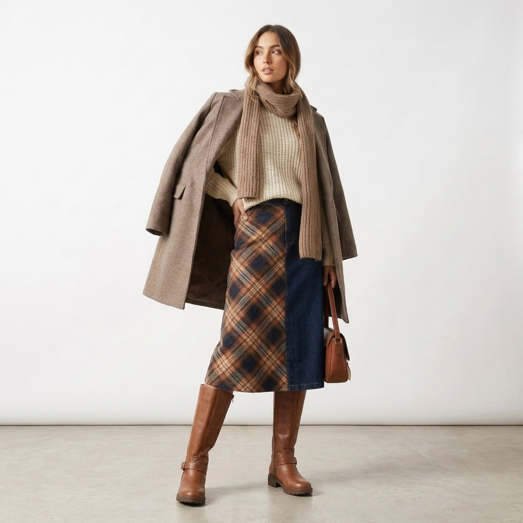 cognac hoge laarzen dames in complete herfstoutfit met sjaal