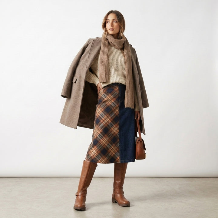 cognac hoge laarzen dames in complete herfstoutfit met sjaal