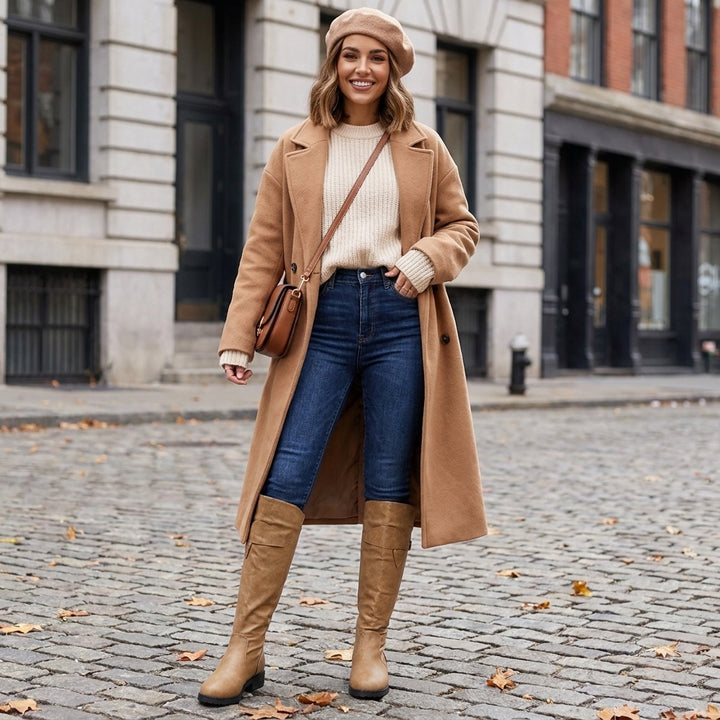 cognac hoge laarzen dames gedragen bij jeans en camelkleurige jas