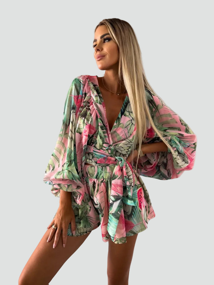 Letni kombinezon damski boho w kwiaty kopertowy z długim rękawem