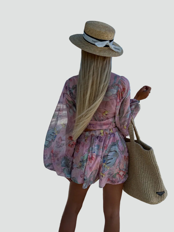 Letni kombinezon damski boho w kwiaty kopertowy z długim rękawem