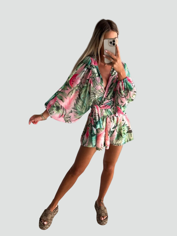 Letni kombinezon damski boho w kwiaty kopertowy z długim rękawem