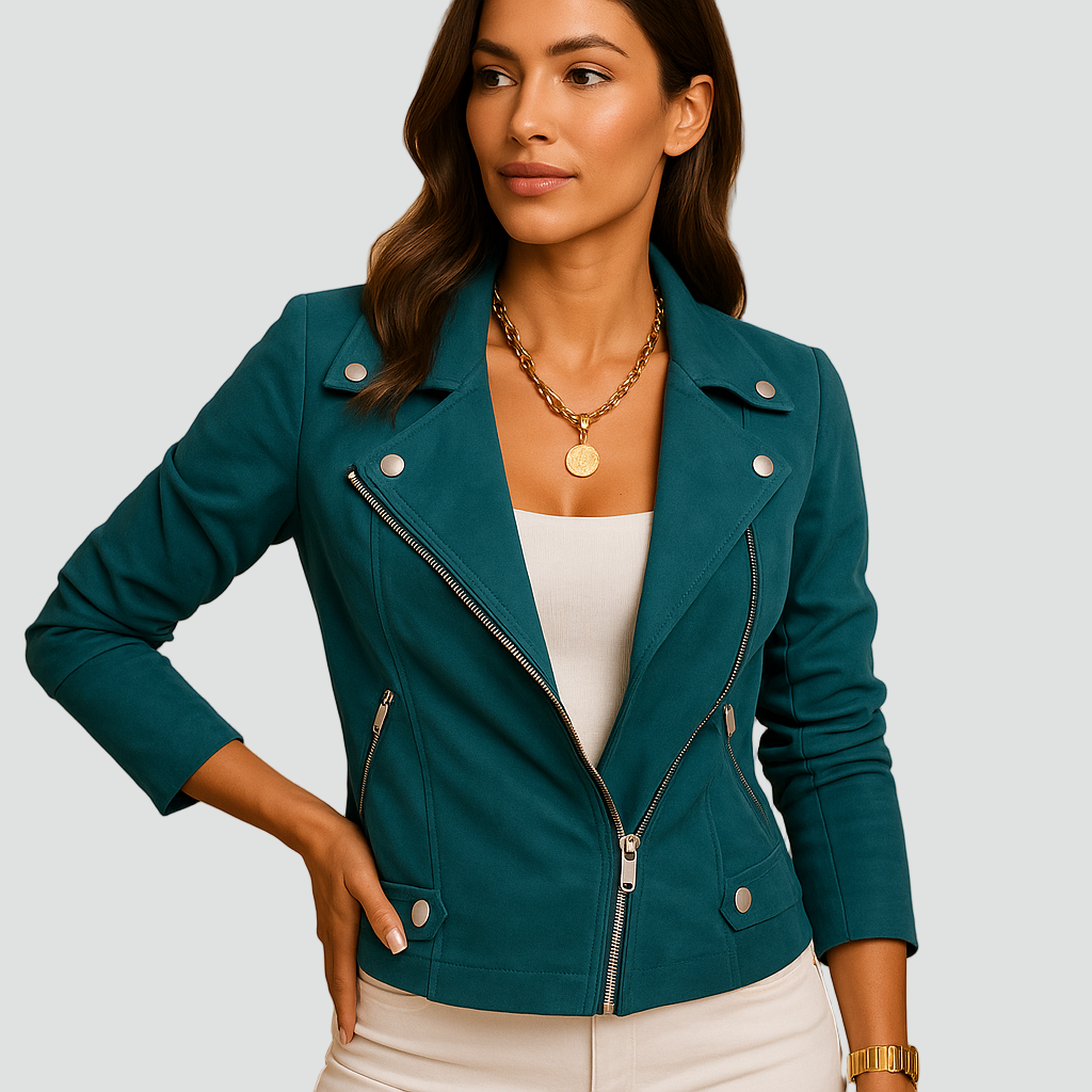 Zamszowa kurtka bomber w stylu biker z zamkami i klapami dla kobiet