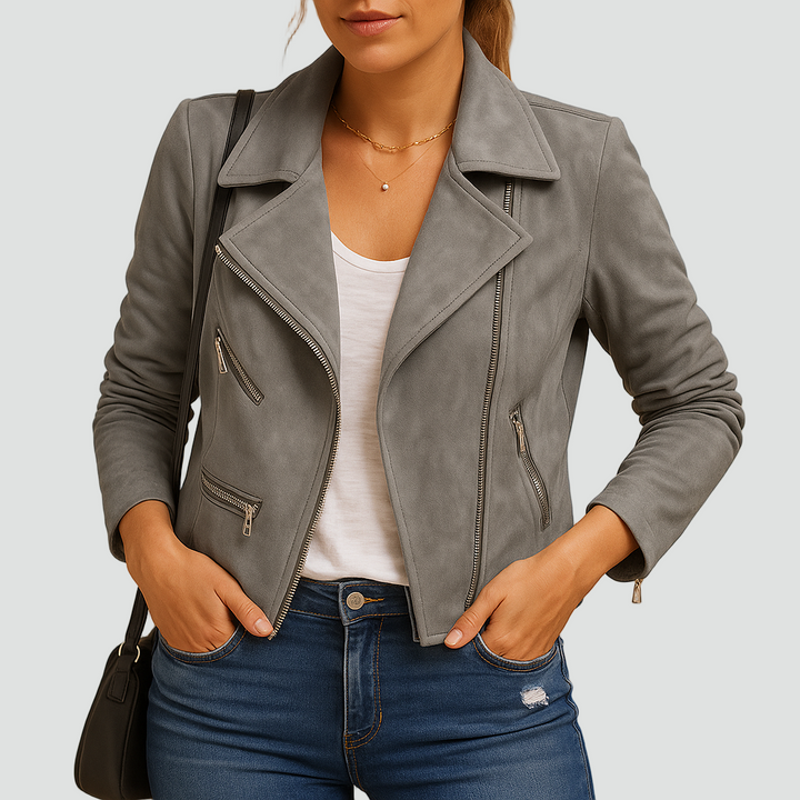 Zamszowa kurtka bomber w stylu biker z zamkami i klapami dla kobiet