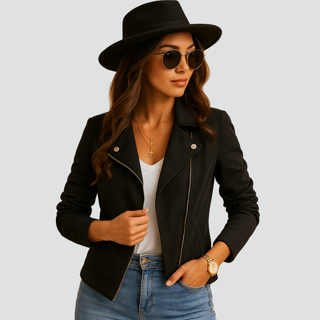 Zamszowa kurtka bomber w stylu biker z zamkami i klapami dla kobiet