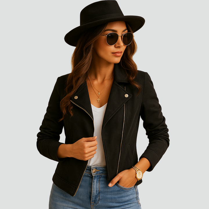 Zamszowa kurtka bomber w stylu biker z zamkami i klapami dla kobiet