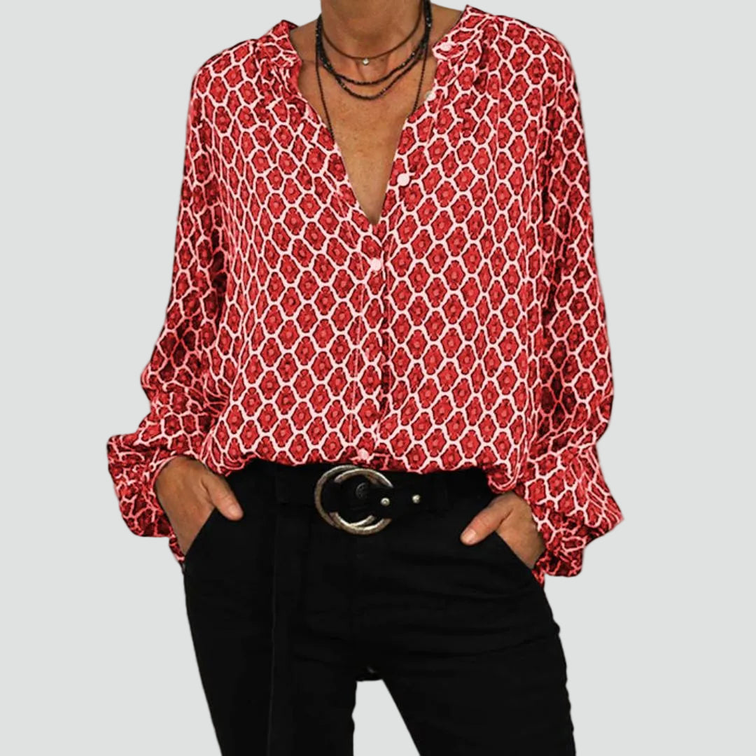 Lekka damska bluzka z dekoltem V i długim rękawem