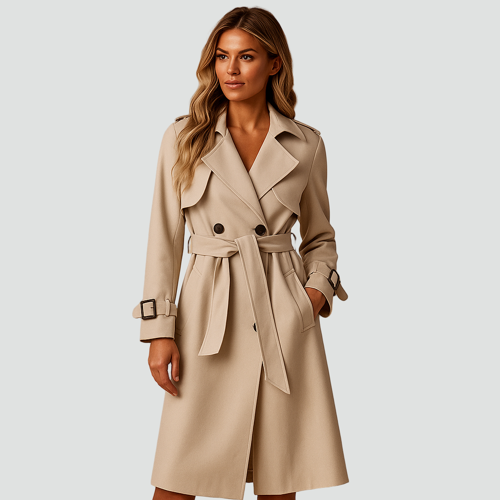 Klasyczny damski trencz dwurzędowy z paskiem i mankietami