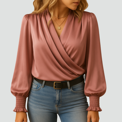 Elegancka satynowa damska bluzka kopertowa z długim rękawem