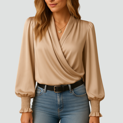 Elegancka satynowa damska bluzka kopertowa z długim rękawem