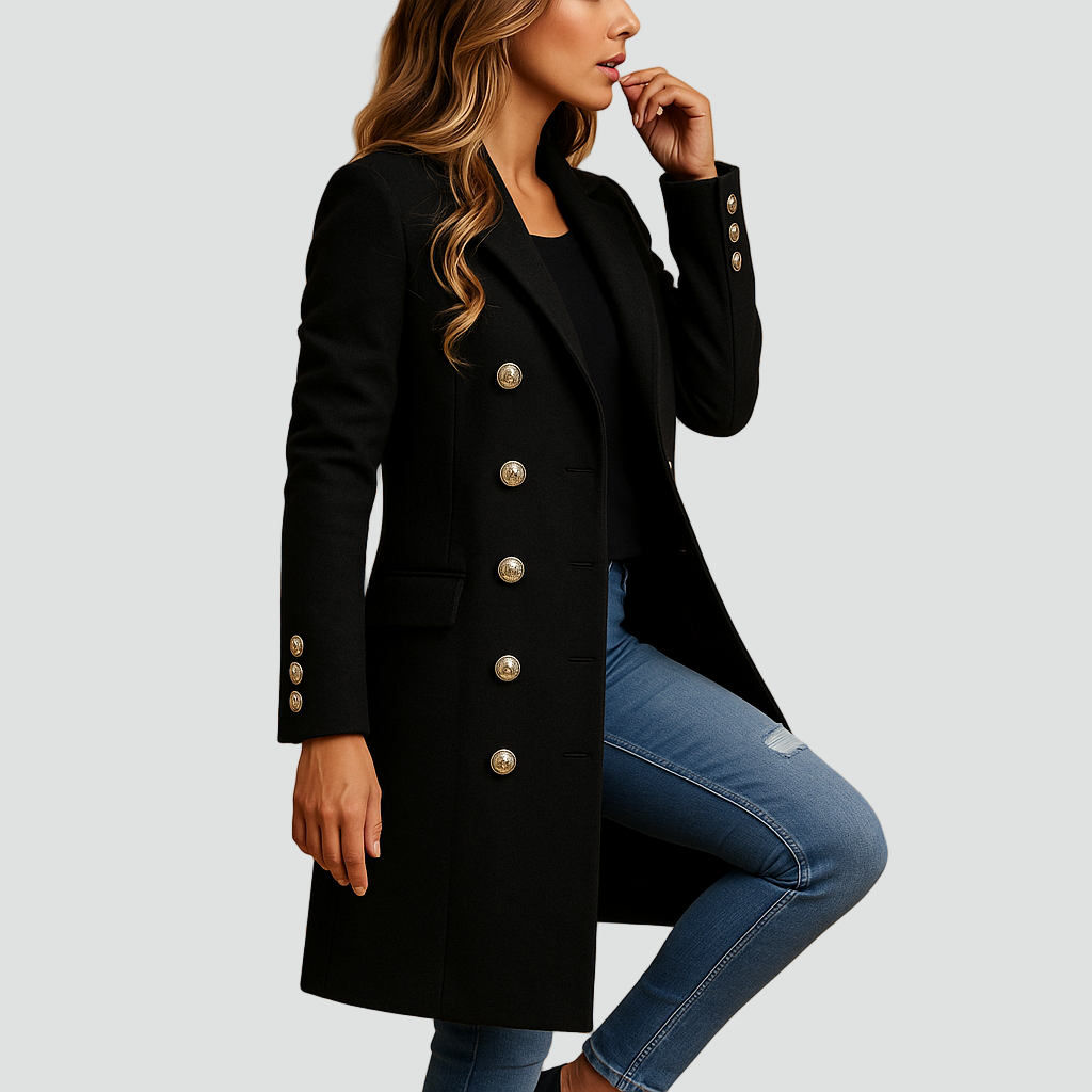 Płaszcz dwurzędowy damski z ozdobnymi guzikami elegancki