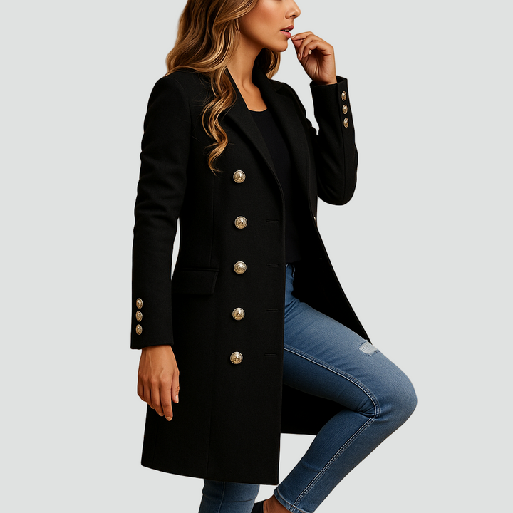 Płaszcz dwurzędowy damski z ozdobnymi guzikami elegancki
