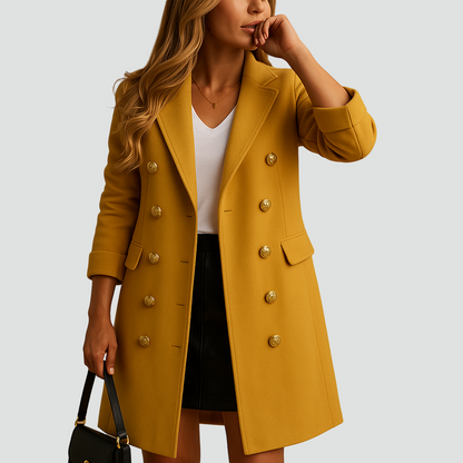 Płaszcz dwurzędowy damski z ozdobnymi guzikami elegancki
