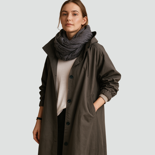 Długi płaszcz przeciwdeszczowy damski z kapturem i guzikami