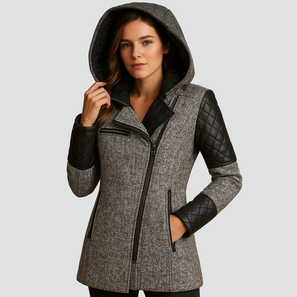 Płaszcz wełniany z kapturem zamek na skos pikowane rękawy damski