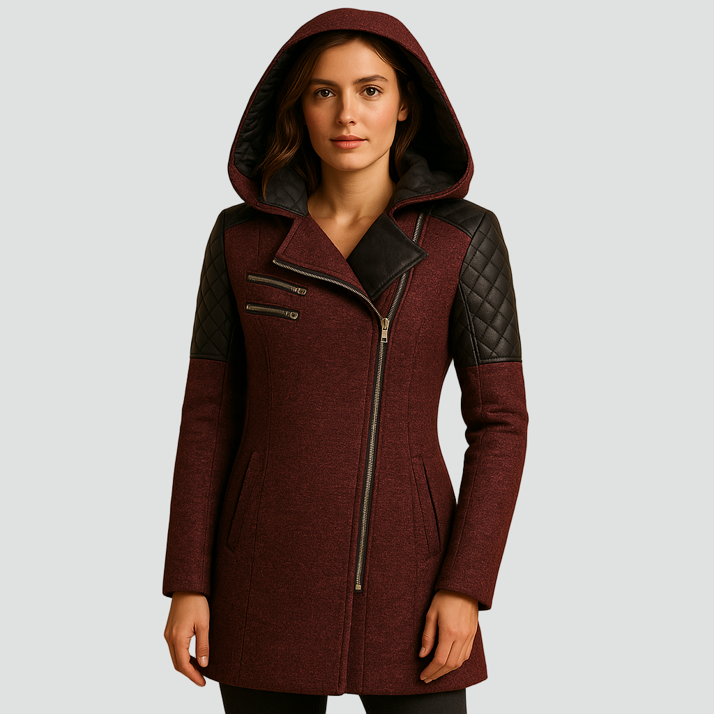 Płaszcz wełniany z kapturem zamek na skos pikowane rękawy damski