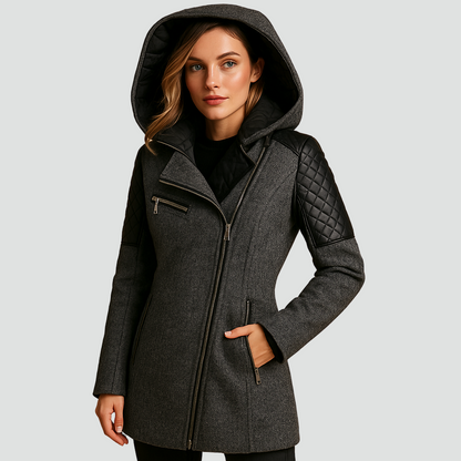 Płaszcz wełniany z kapturem zamek na skos pikowane rękawy damski