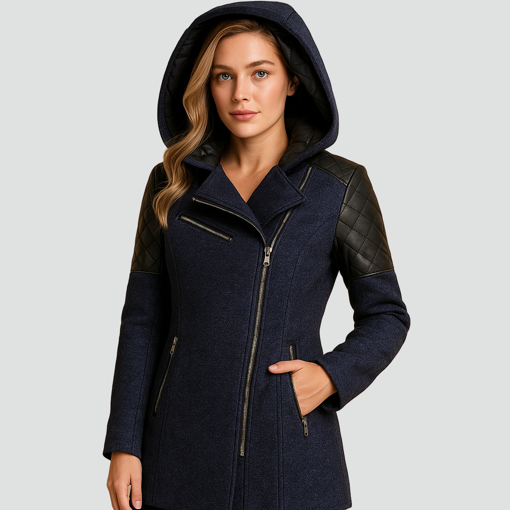 Płaszcz wełniany z kapturem zamek na skos pikowane rękawy damski