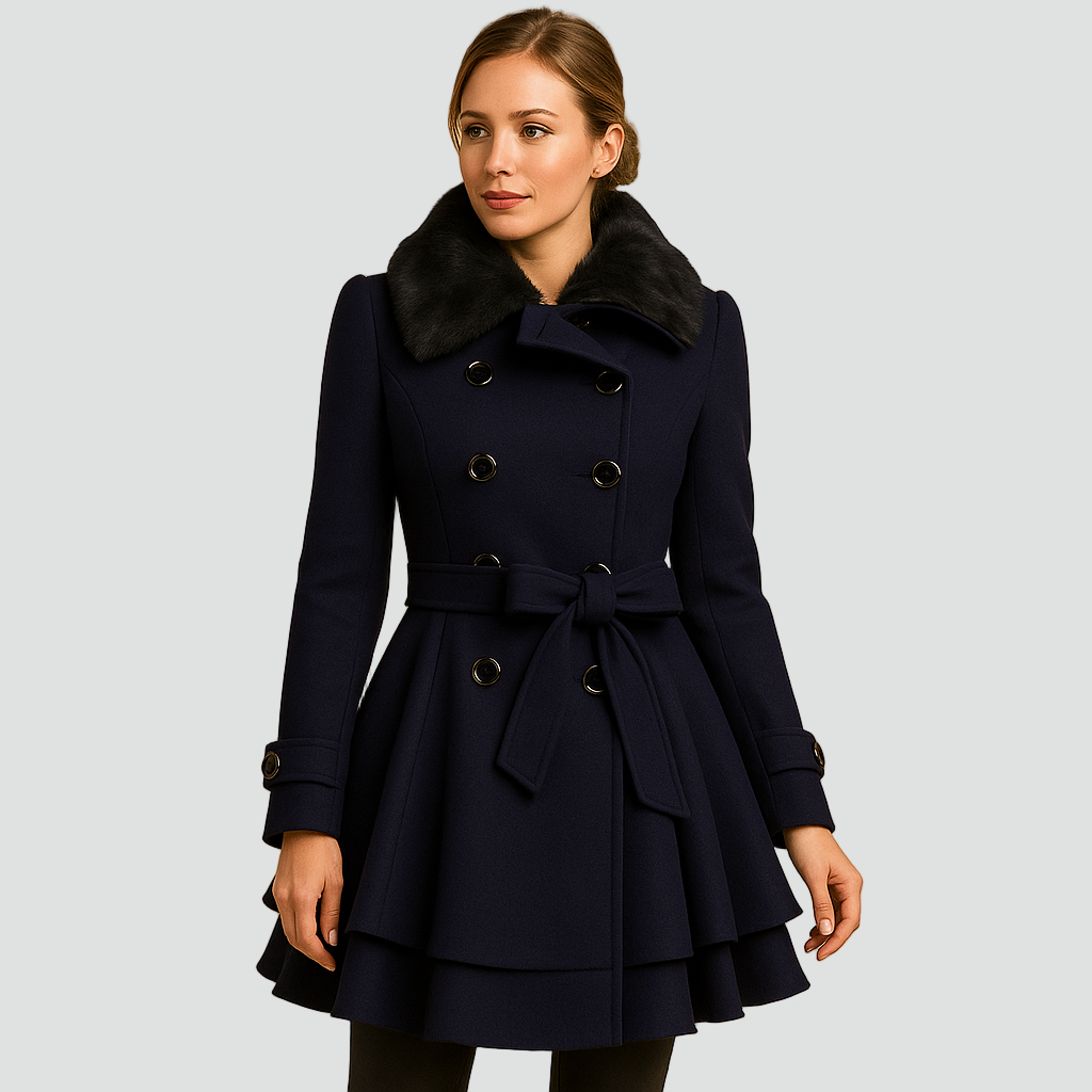 Dwurzędowy płaszcz wełniany damski z kołnierzem ze sztucznego futra i paskiem