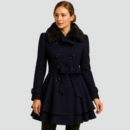 Dwurzędowy płaszcz wełniany damski z kołnierzem ze sztucznego futra i paskiem