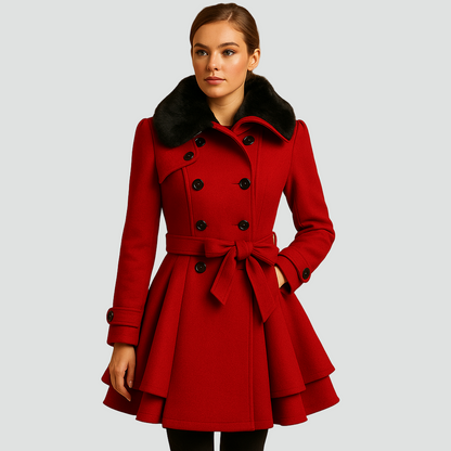 Dwurzędowy płaszcz wełniany damski z kołnierzem ze sztucznego futra i paskiem