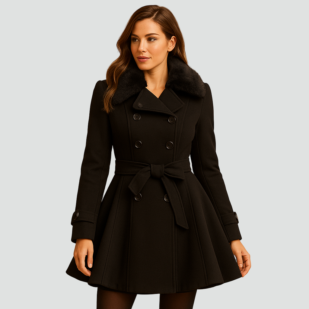 Dwurzędowy płaszcz wełniany damski z kołnierzem ze sztucznego futra i paskiem