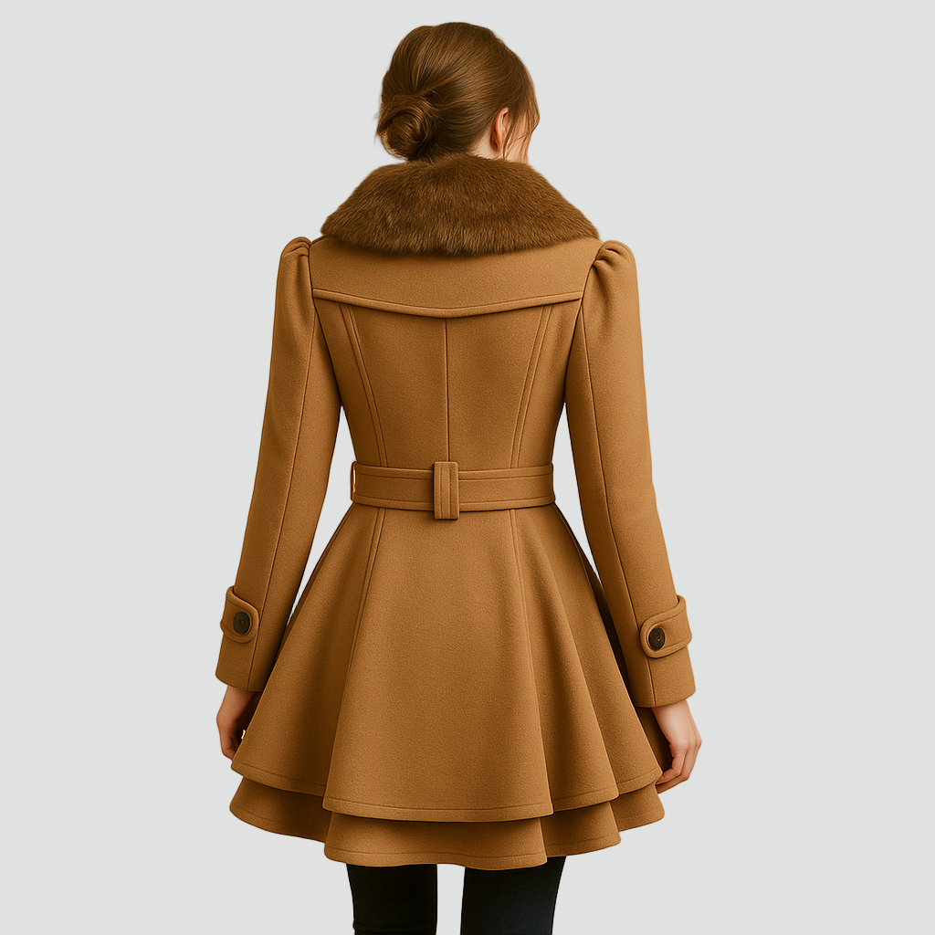 Dwurzędowy płaszcz wełniany damski z kołnierzem ze sztucznego futra i paskiem