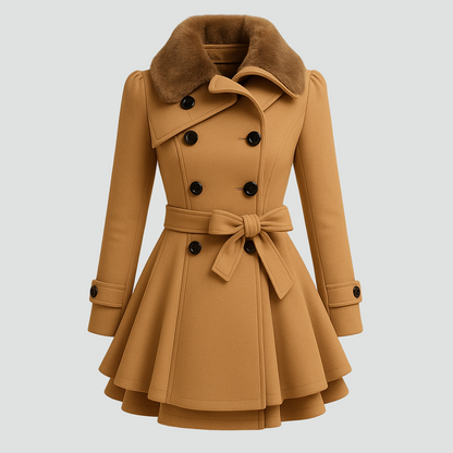 Dwurzędowy płaszcz wełniany damski z kołnierzem ze sztucznego futra i paskiem