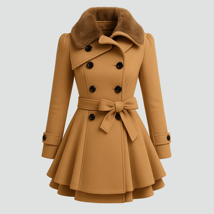 Dwurzędowy płaszcz wełniany damski z kołnierzem ze sztucznego futra i paskiem