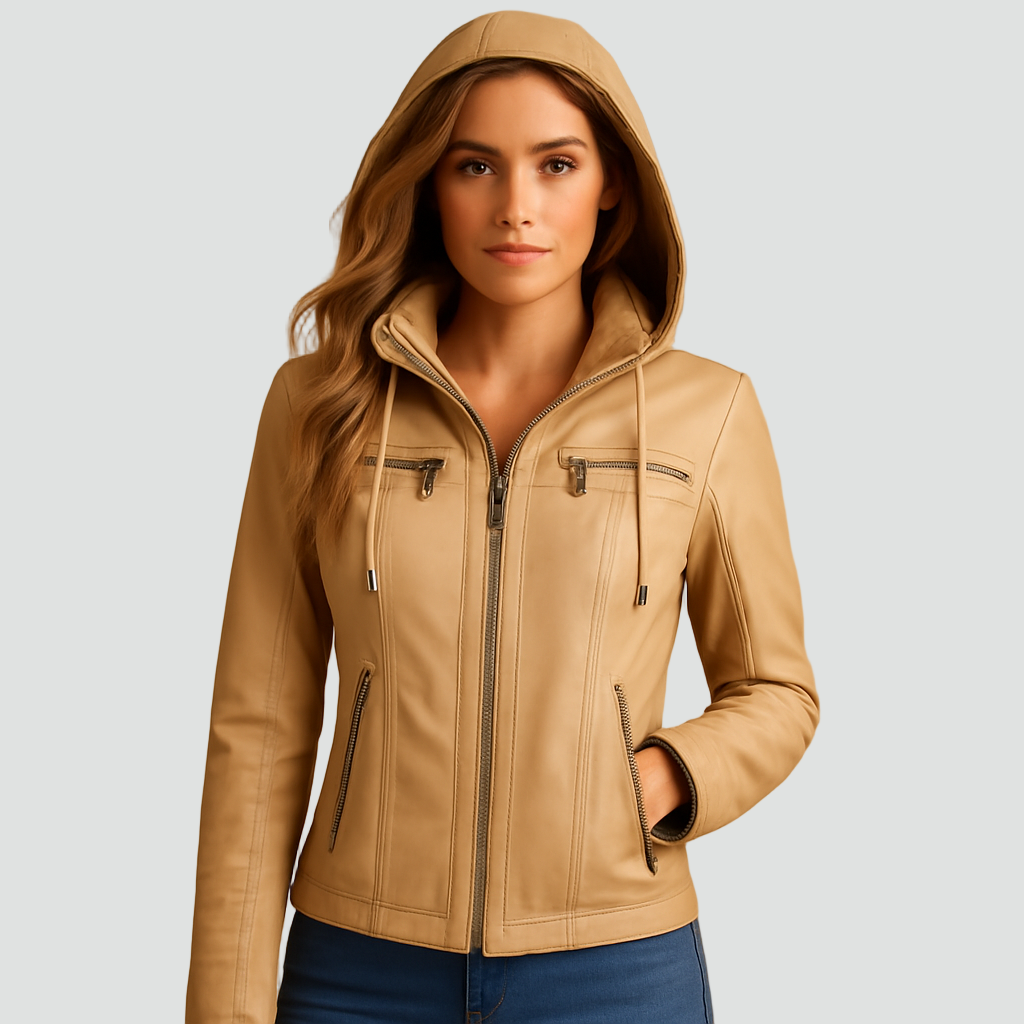 Damska kurtka biker ze skóry ekologicznej z kapturem i kieszeniami na zamek