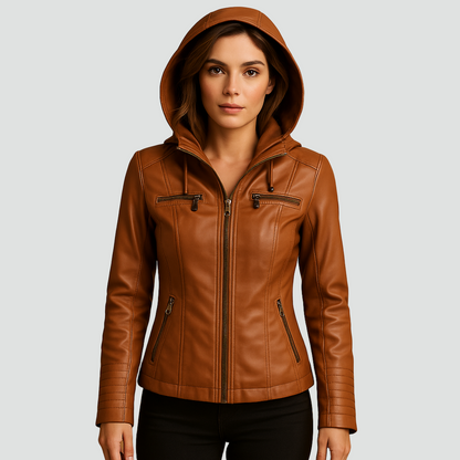 Damska kurtka biker ze skóry ekologicznej z kapturem i kieszeniami na zamek