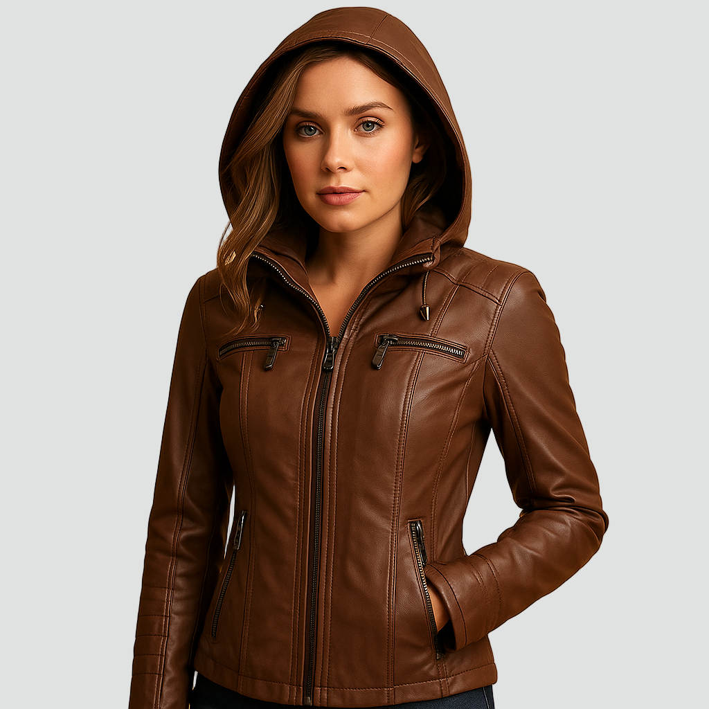 Damska kurtka biker ze skóry ekologicznej z kapturem i kieszeniami na zamek