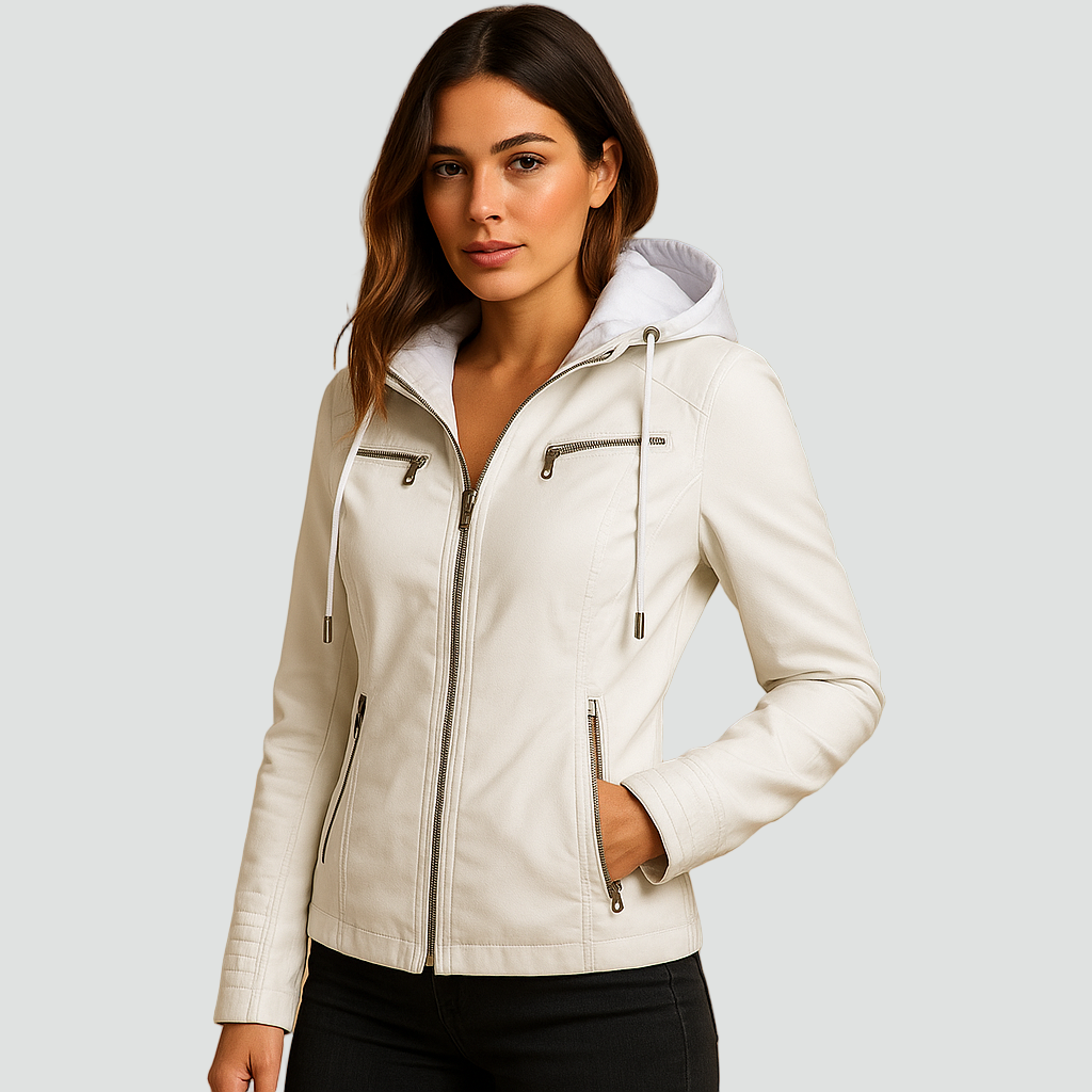 Damska kurtka biker ze skóry ekologicznej z kapturem i kieszeniami na zamek