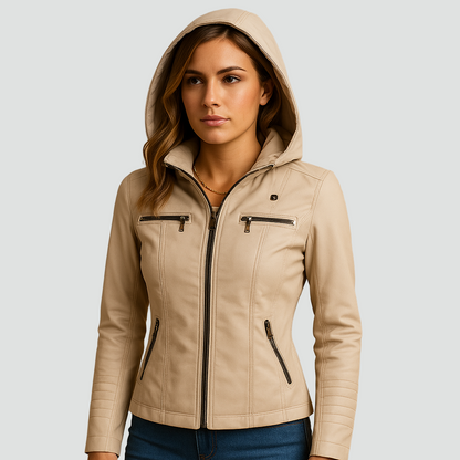 Damska kurtka biker ze skóry ekologicznej z kapturem i kieszeniami na zamek