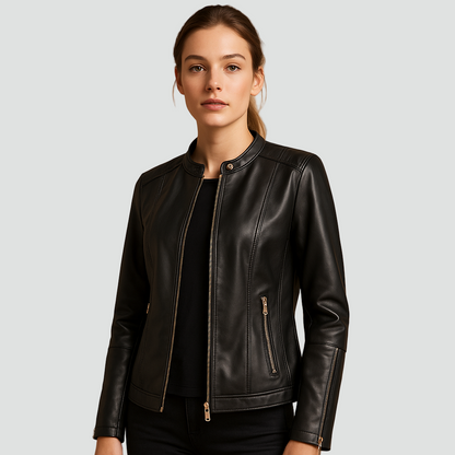 Damska kurtka biker z ekoskóry z zamkiem i stójką