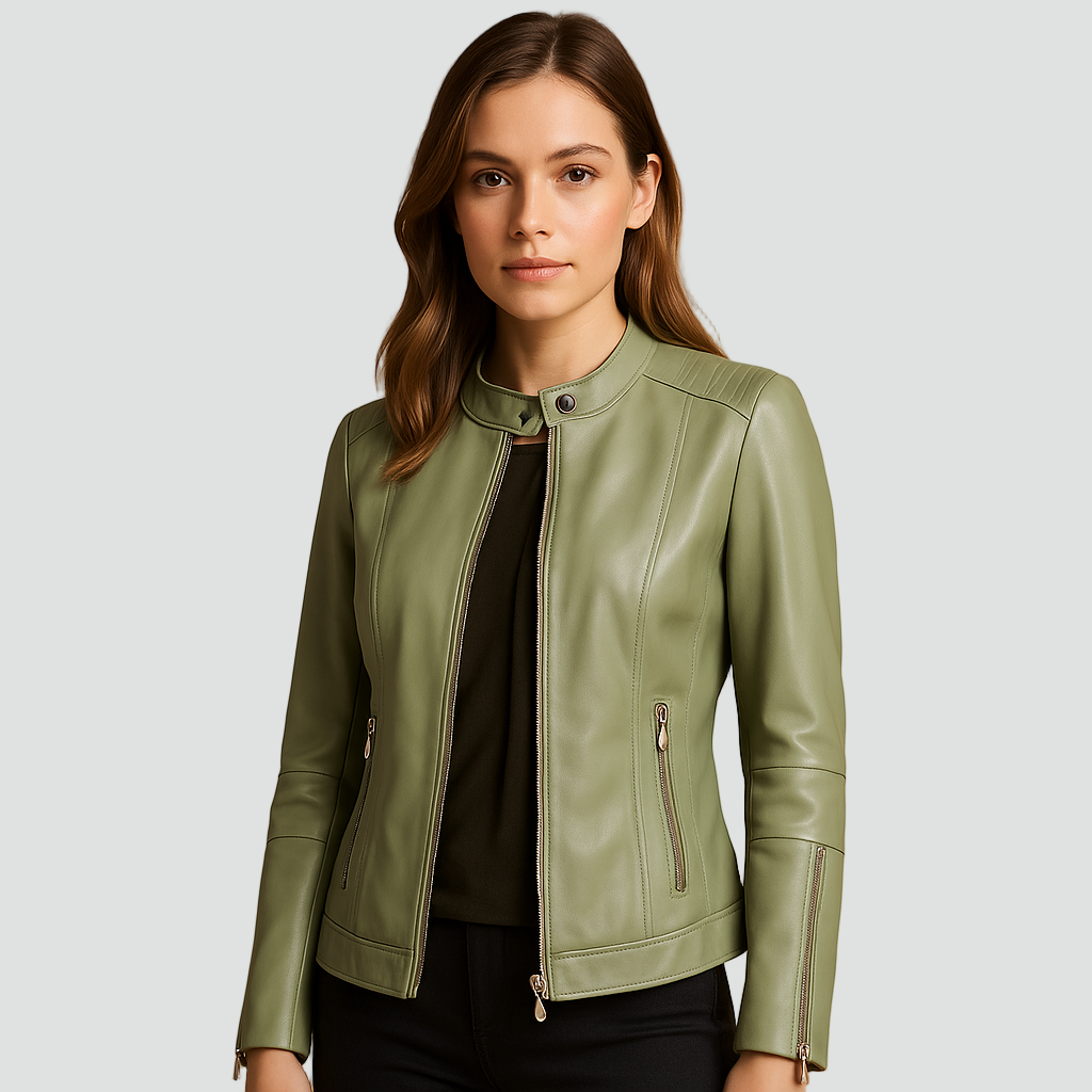 Damska kurtka biker z ekoskóry z zamkiem i stójką