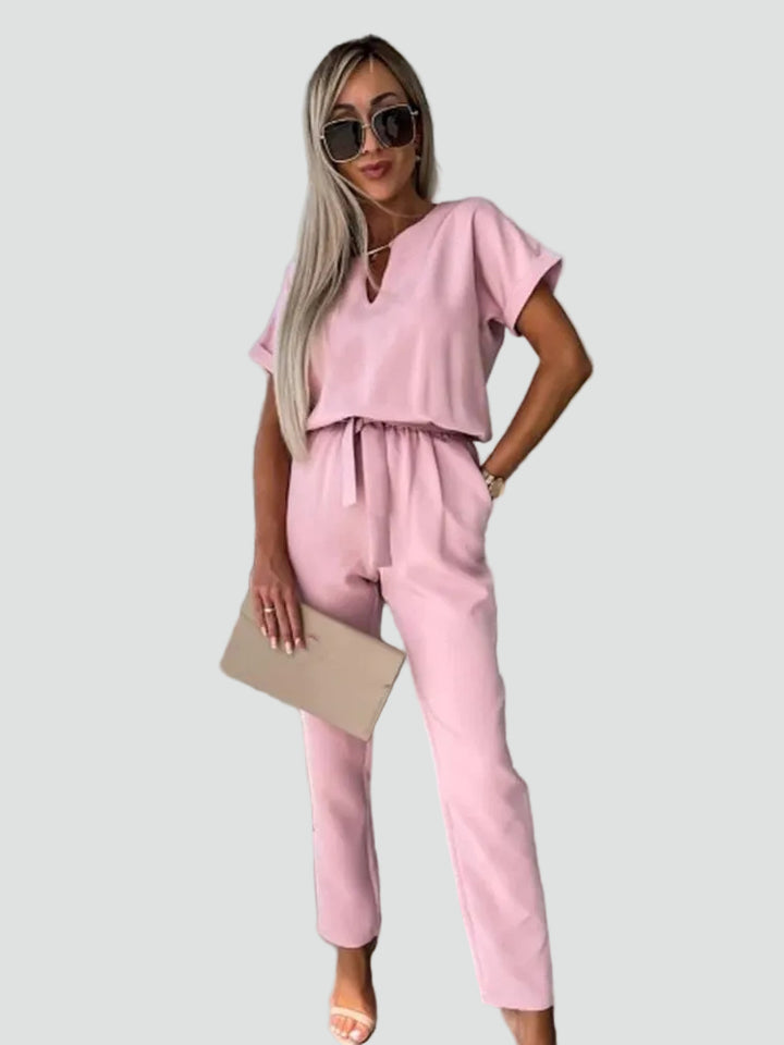 Women's jumpsuit with short sleeves and waist tie