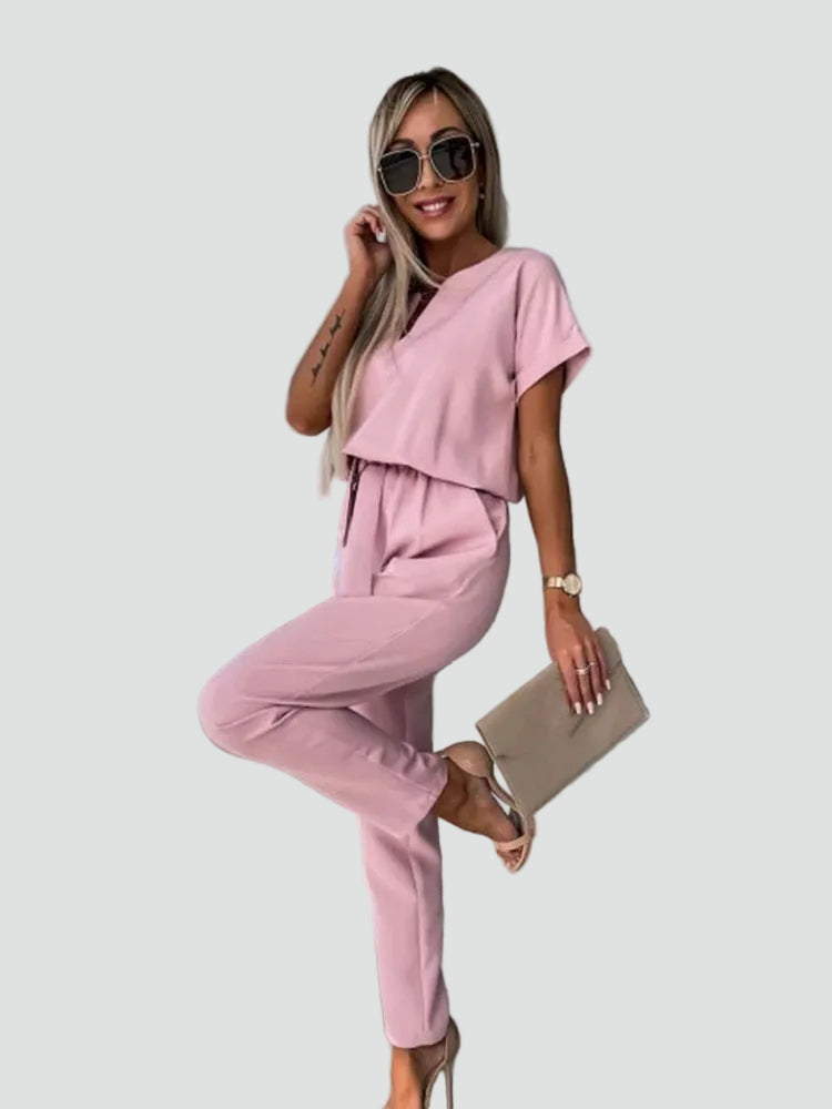 Women's jumpsuit with short sleeves and waist tie