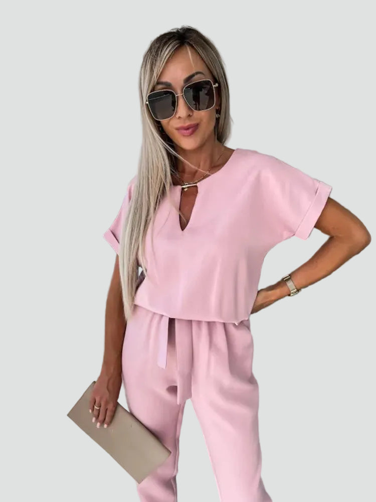 Women's jumpsuit with short sleeves and waist tie