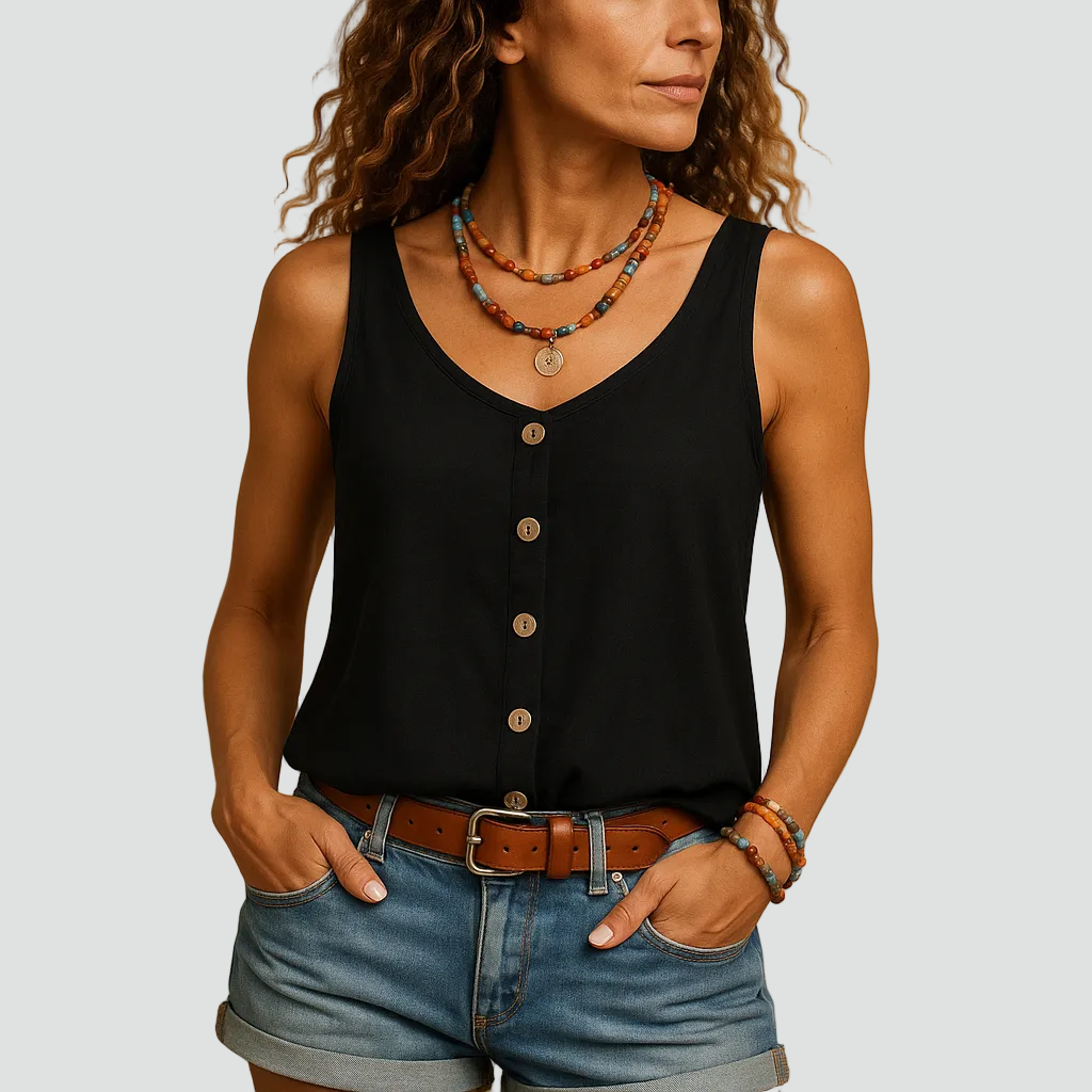 Lightweight sleeveless women's top with buttons and pocket