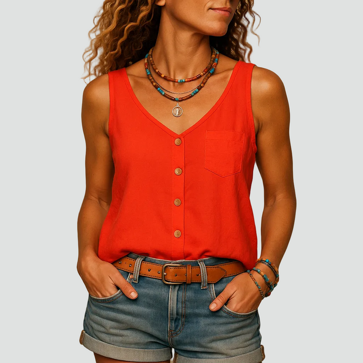 Lightweight sleeveless women's top with buttons and pocket