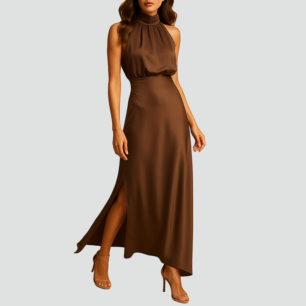 Elegancka długa sukienka wieczorowa z golfem i rozcięciem